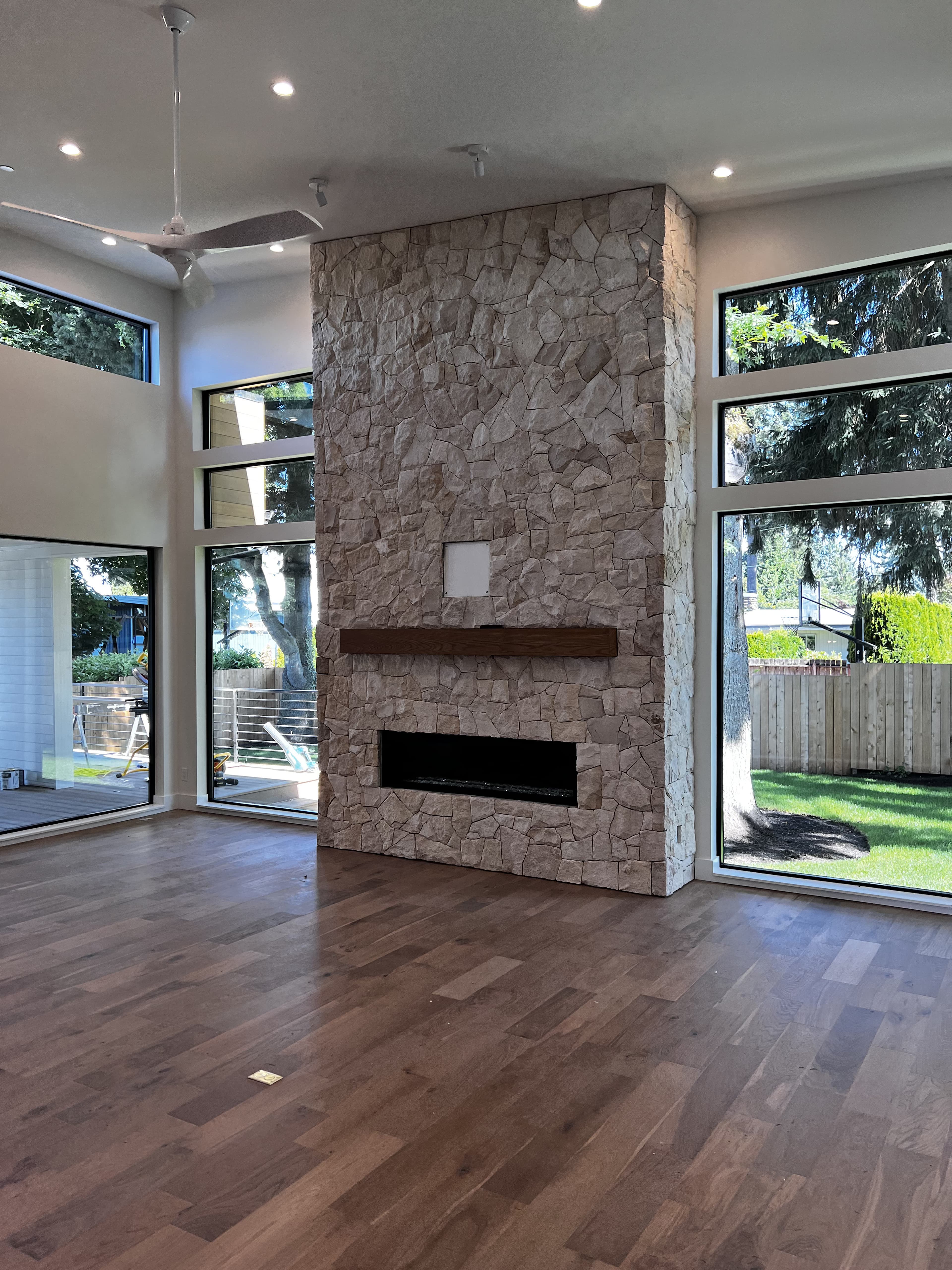 Modern home exterior with long vertical cladding runs