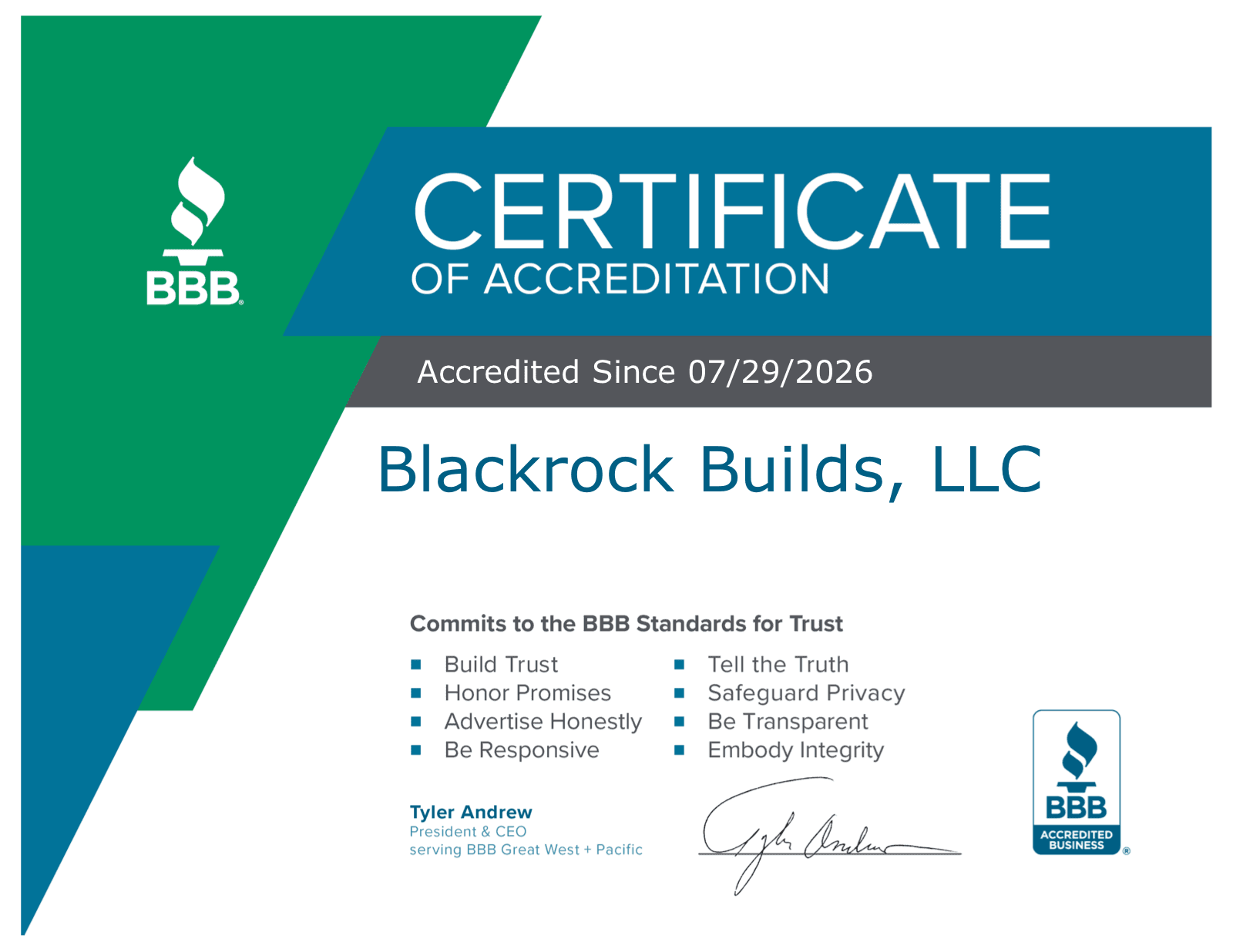 BBB Certificate of Accreditation preview